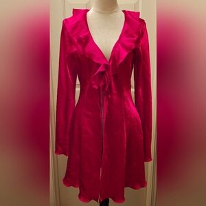 Vintage Frederick's of Hollywood Red Satin Robe w Ruffle Detail.